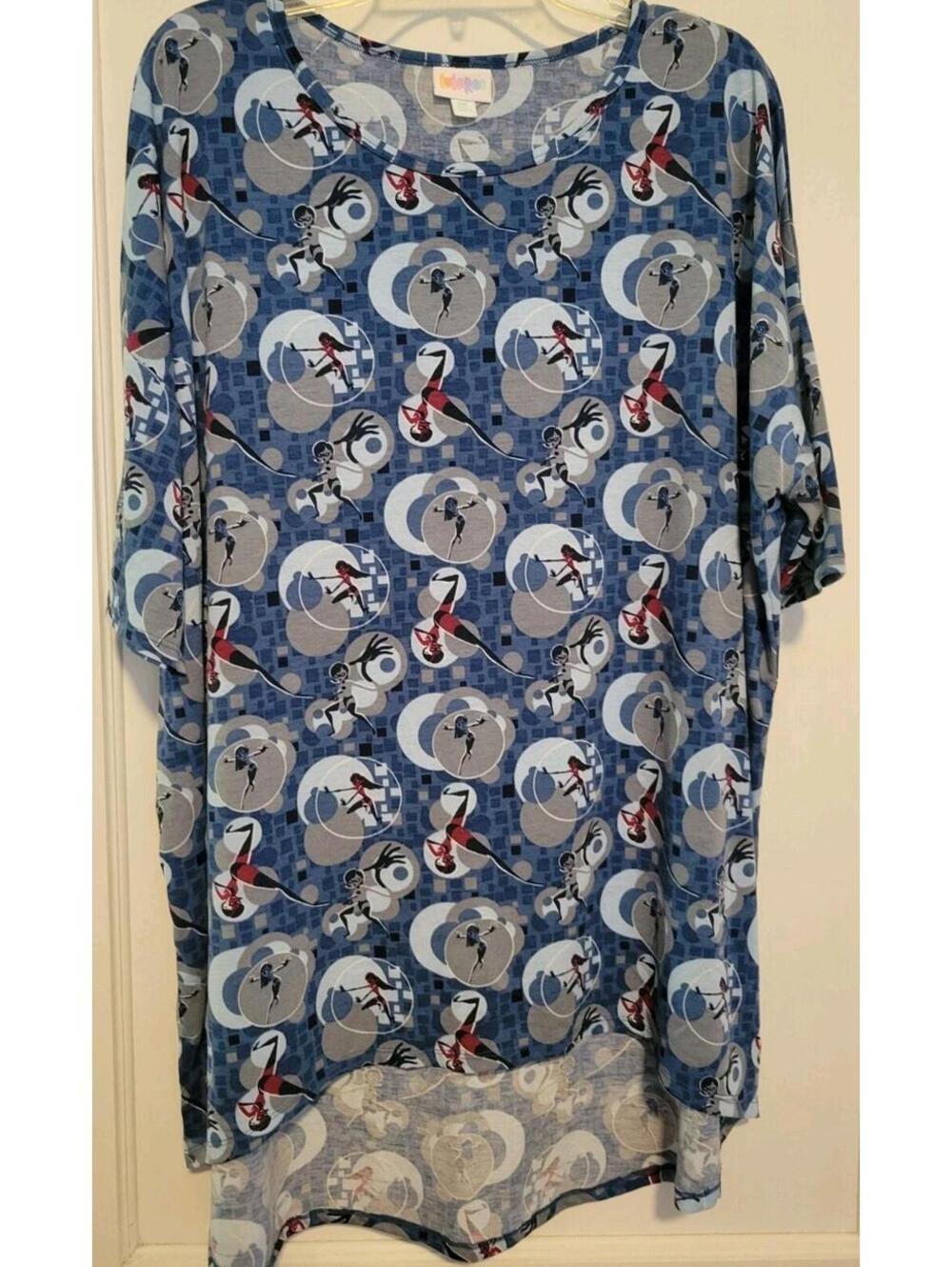 LuLaRoe Irma 2XL Disney Incredibles Tunic Violet Elastigirl Blue Gray Top